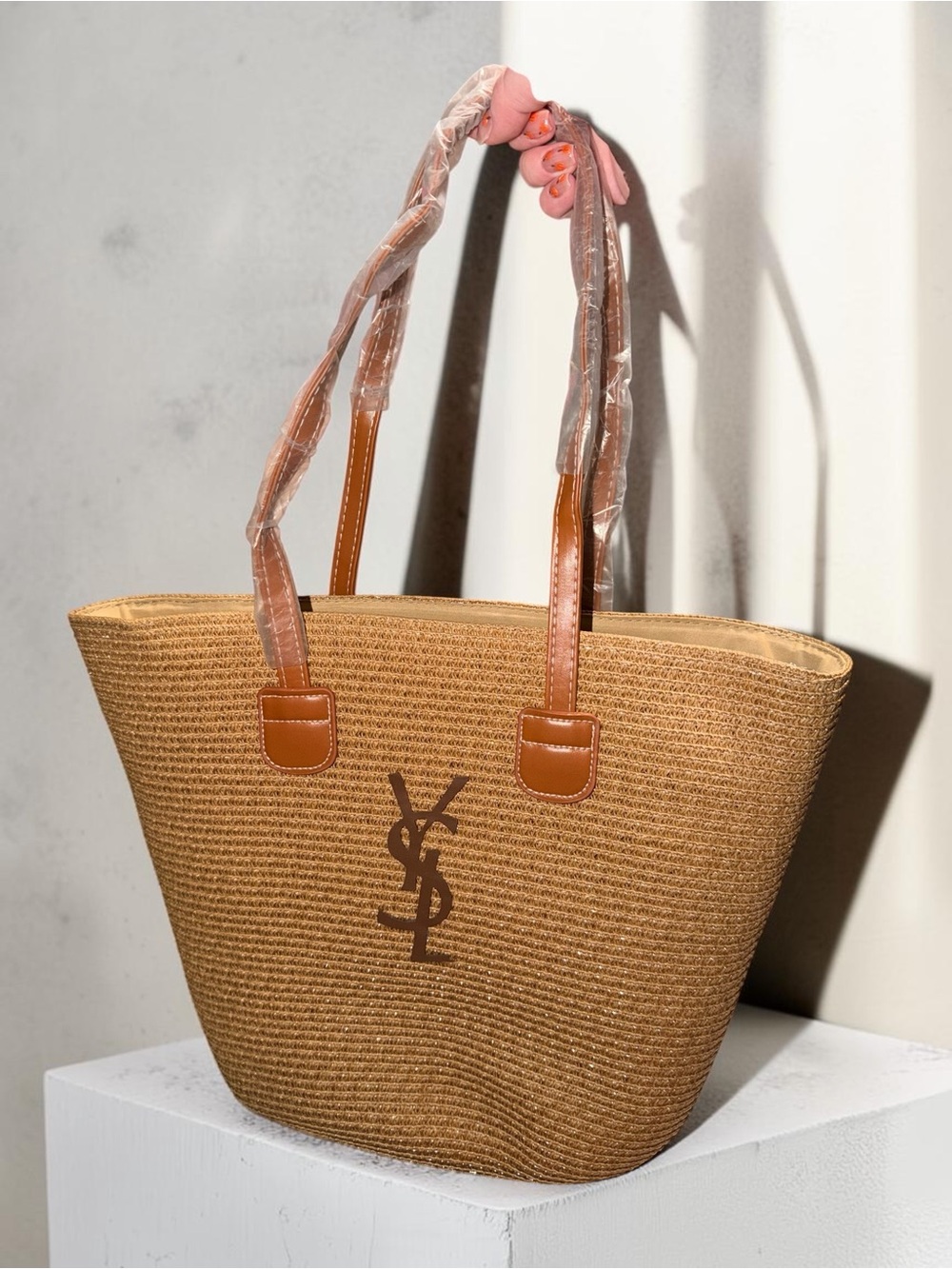 Beige Canvas Tote Bag with Tan Leather Straps dust bag included